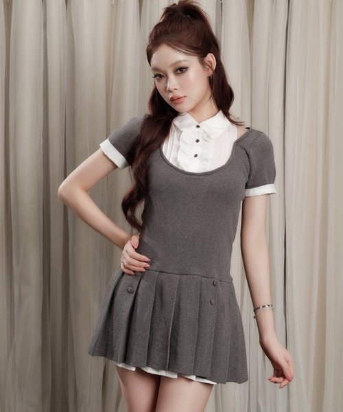 ANDWANG ワンピース 半袖 Grace Pleated Docking Mini Dress
