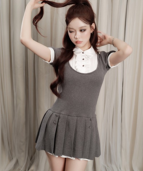 ANDWANG ワンピース 半袖 Grace Pleated Docking Mini Dress