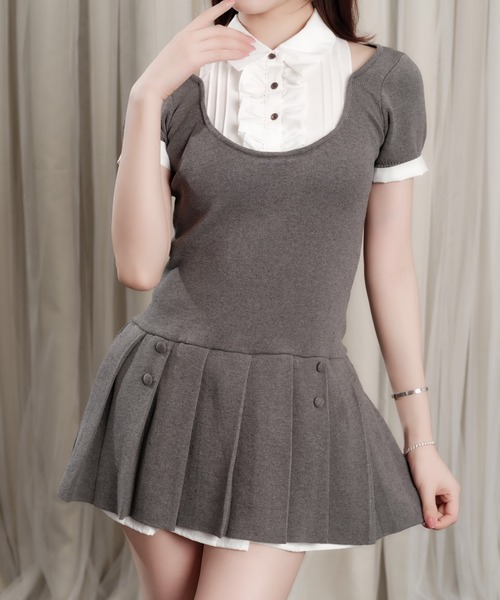 ANDWANG ワンピース 半袖 Grace Pleated Docking Mini Dress