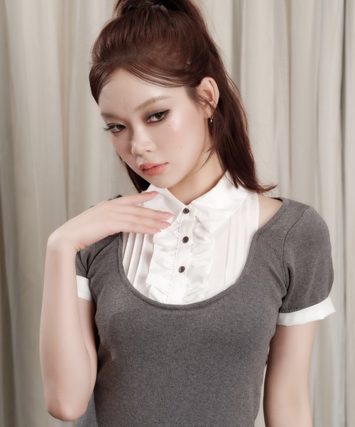 ANDWANG ワンピース 半袖 Grace Pleated Docking Mini Dress