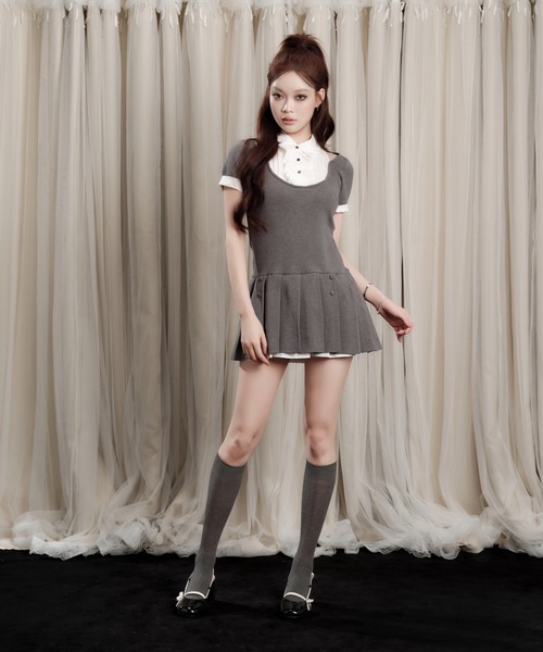 【新品未開封】Grace Pleated Docking Mini Dress ANDWANG ワンピース 半袖 Grace Pleated Docking Mini Dress