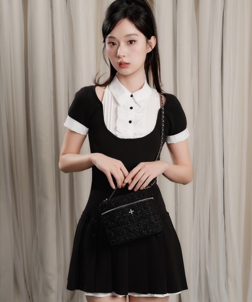 ANDWANG ワンピース 半袖 Grace Pleated Docking Mini Dress