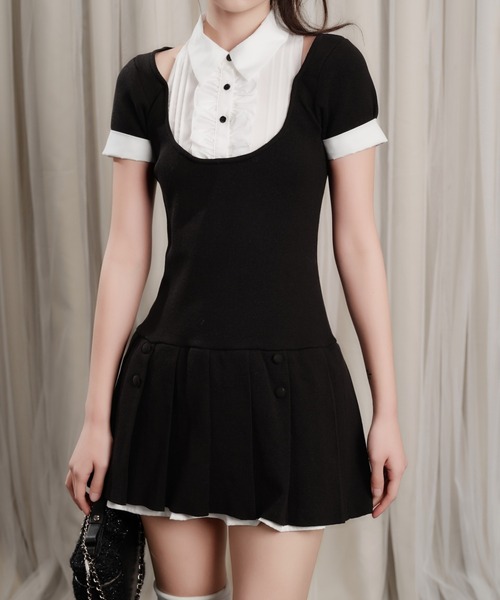 ANDWANG ワンピース 半袖 Grace Pleated Docking Mini Dress