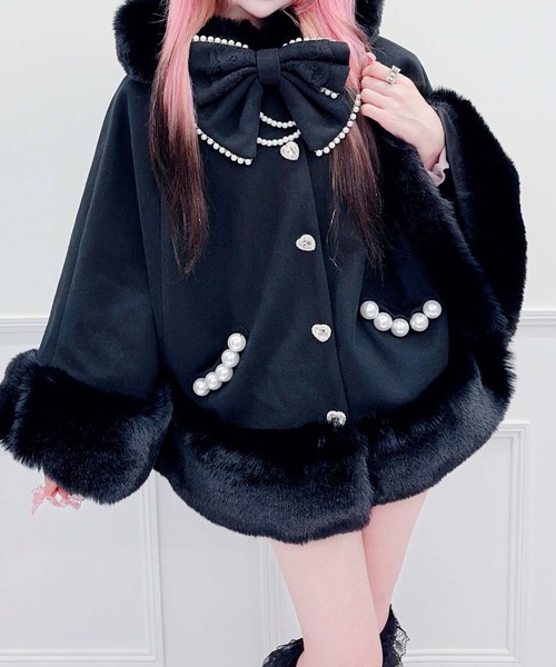 【MOCHOCO SHOP】MA＊RS ボリュームファーフードケープコート MA*RS（マーズ） ポンチョ レースリボン付きボリュームファーフード