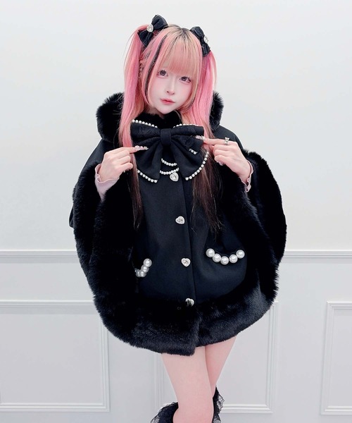 【MOCHOCO SHOP】MA＊RS ボリュームファーフードケープコート MA*RS（マーズ） ポンチョ レースリボン付きボリュームファーフード