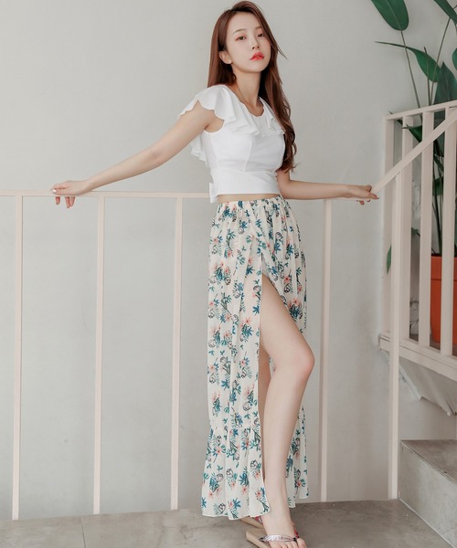 Lace Ladies 水着 カバーアップパレオ風ロングスカート付フリル