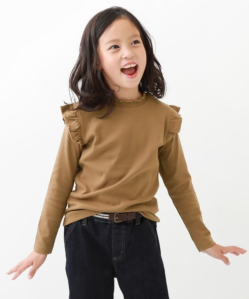 tシャツ Tシャツ モックネック肩フリル長袖Tシャツ