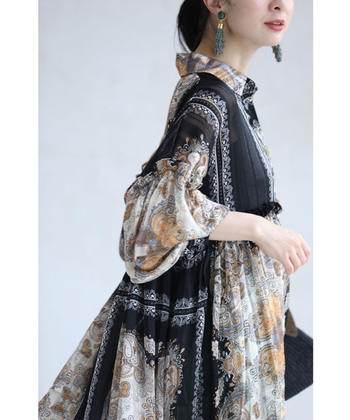 cawaii チュニック ふわりと広がるシアーなスカーフ柄チュニック