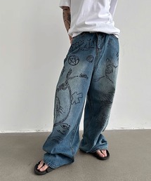 Theater code ジーンズ illustration print wide denim pants