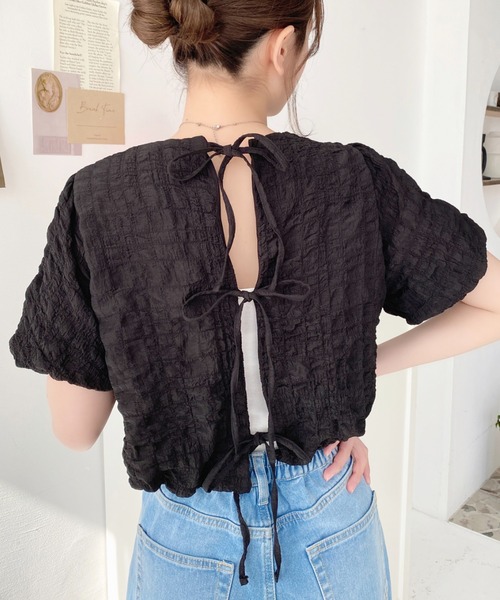 ブラウス シャツ mini PON PON blouse(ミニポンポンブラウス) レディース moment+ ブラウス シャツ ポコポコチェックバックオープンリボン