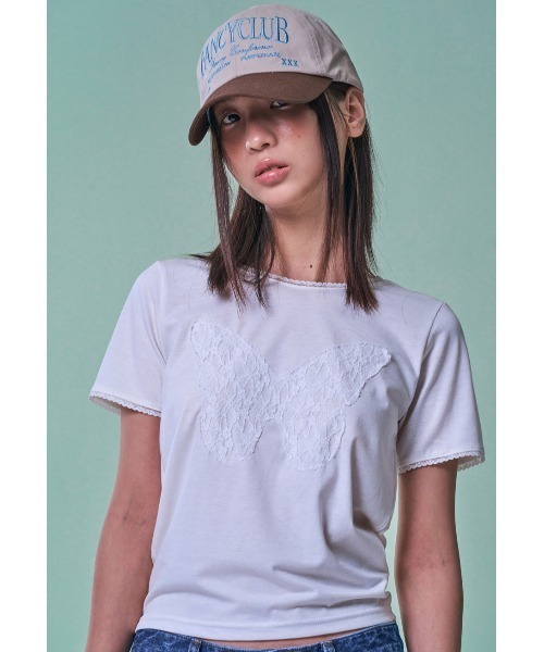 tシャツ A'GEM/9 × .kom 「 FANCY CLUB/ファンシークラブ」 LACE PIERID TEE/レース蝶 Tシャツ レディース