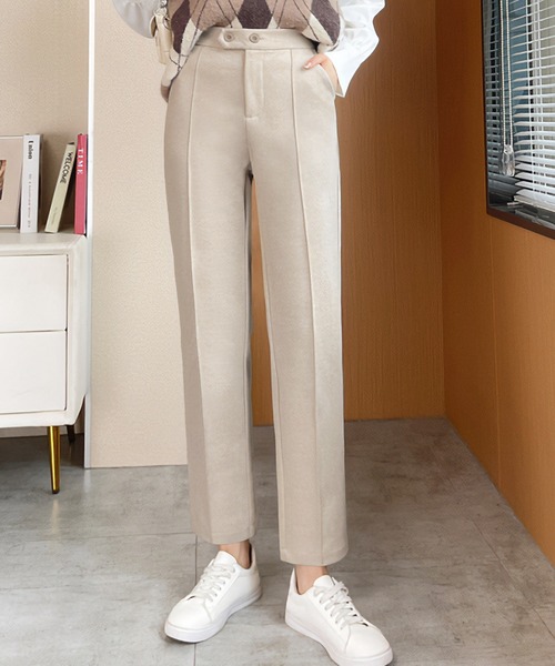 LOWO パンツ 裏起毛 ピンタックテーパードパンツ 暖パン レディース