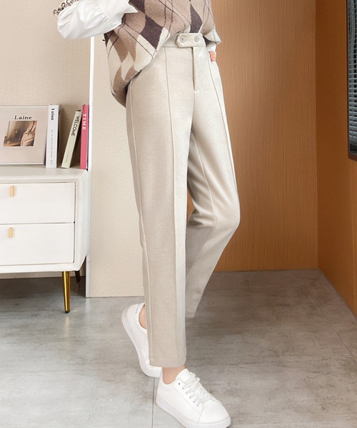 LOWO パンツ 裏起毛 ピンタックテーパードパンツ 暖パン レディース