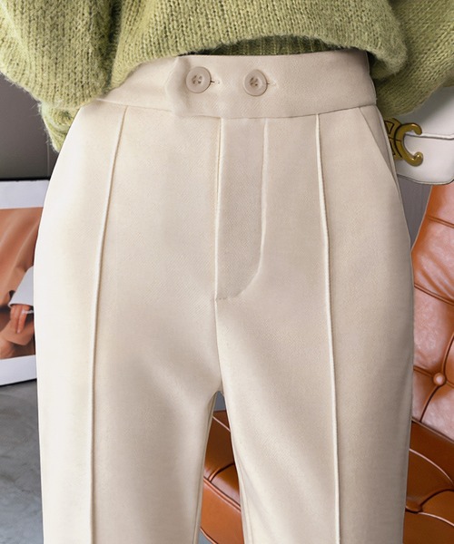 LOWO パンツ 裏起毛 ピンタックテーパードパンツ 暖パン レディース