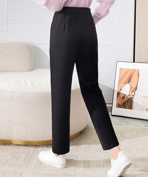 【ブラック】裏起毛 テーパード ロングパンツ (WOMENS) LOWO パンツ 裏起毛 ピンタックテーパードパンツ 暖パン レディース