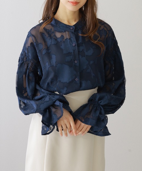 Lace Ladies ブラウス シャツ バンドカラー キャンディ袖 花柄