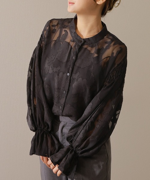 theory luxe 22AW シアー素材　花びら柄バンドカラーブラウス　黒 Lace Ladies（レースレディース） ブラウス シャツ バンドカラー