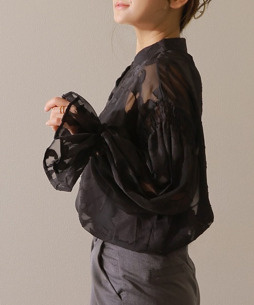 Lace Ladies ブラウス シャツ バンドカラー キャンディ袖 花柄
