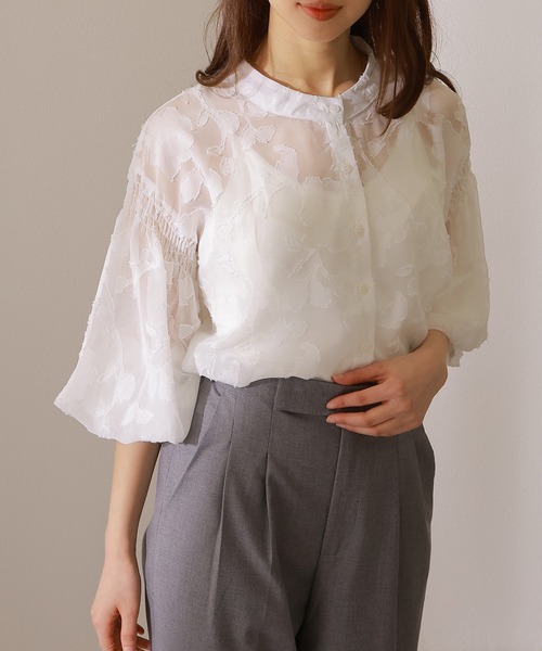 超特価激安 Lace Ladies ブラウス シャツ バンドカラー キャンディ袖 花柄 トップス