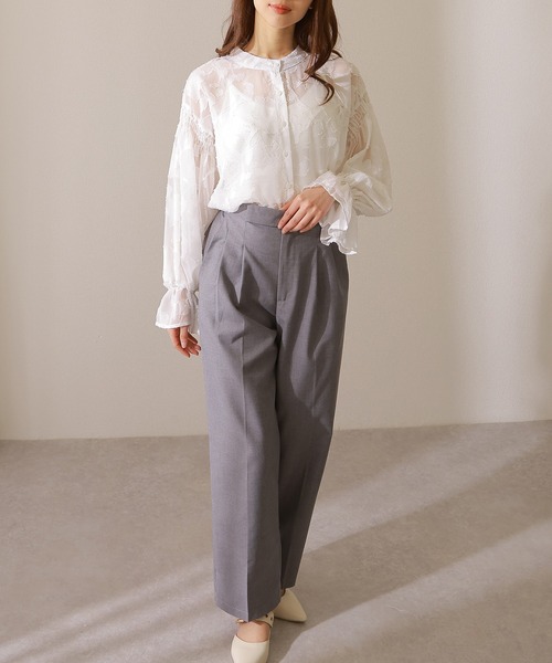 オープニング 大放出セール ブラウス Ladies Lace シャツ 花柄 キャンディ袖 バンドカラー トップス