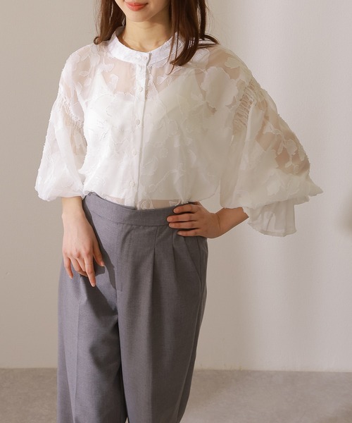昭和レトロ グレイッシュカーキ花柄 シアーブラウススタンドカラーフリーサイズ Lace Ladies（レースレディース） ブラウス シャツ バンドカラー