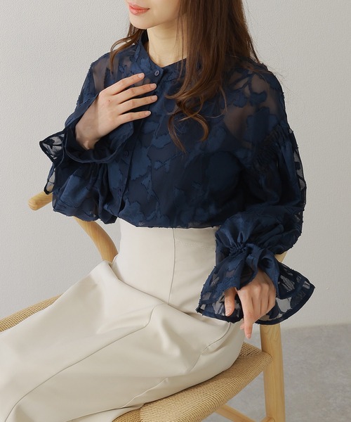 Lace Ladies ブラウス シャツ バンドカラー キャンディ袖 花柄