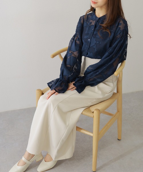 Lace Ladies ブラウス シャツ バンドカラー キャンディ袖 花柄