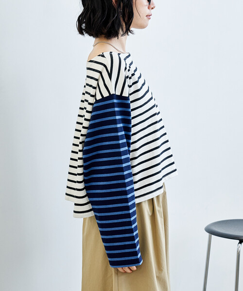 【SOFTHYPHEN】パッチワーク風ボーダー切り替えシャツ　定価¥27,600 FREAK'S STORE（フリークスストア） tシャツ パッチワーク ボーダー