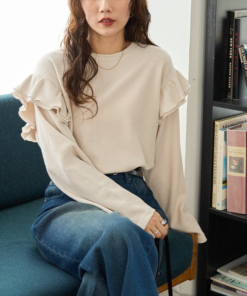 tシャツ 限定展開　ワッフル フリル 袖 ロング スリーブ プルオーバー レディース | FREAK'S STORE