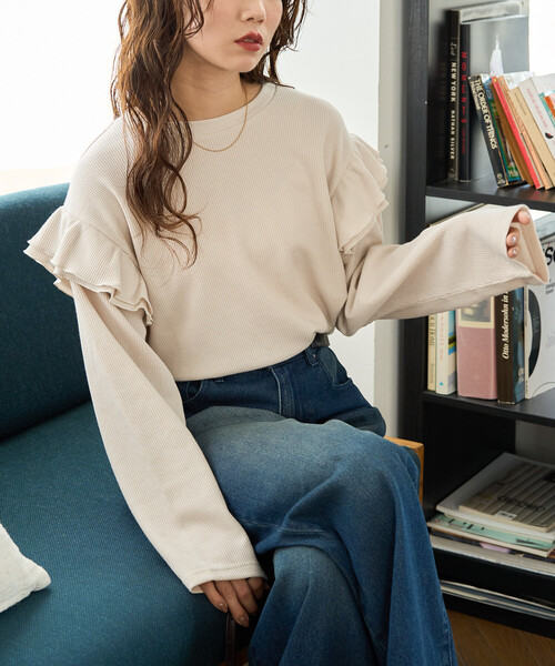 tシャツ 限定展開　ワッフル フリル 袖 ロング スリーブ プルオーバー レディース | FREAK'S STORE | 08