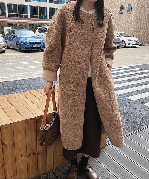 ノーカラーコート コート ふんわりボアロングコート ノーカラー