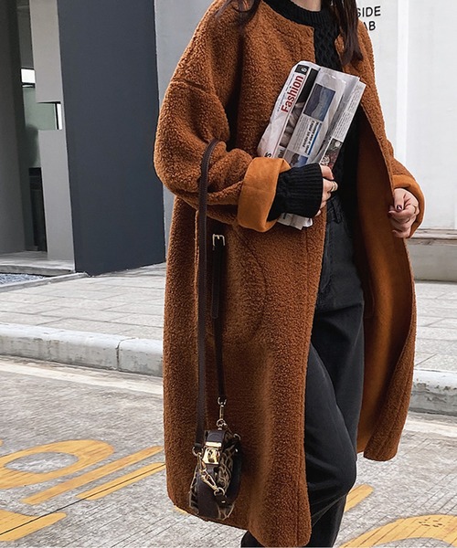 ノーカラーコート コート ふんわりボアロングコート ノーカラー