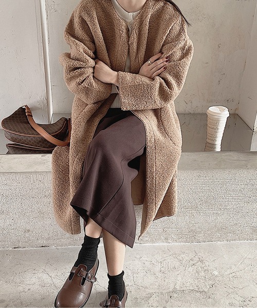 ノーカラーコート コート ふんわりボアロングコート ノーカラー