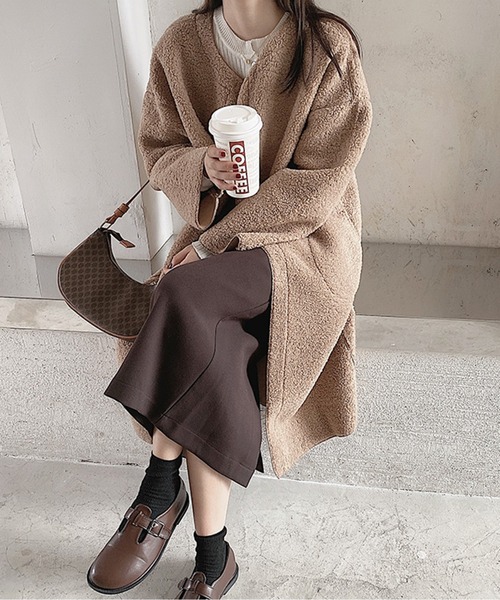 ノーカラーコート コート ふんわりボアロングコート ノーカラー