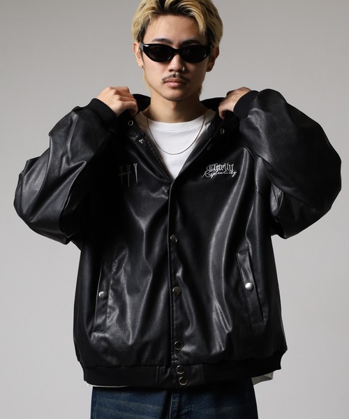 RE730 ブルゾン アウター フェイクレザースタジャンパーカー メンズ