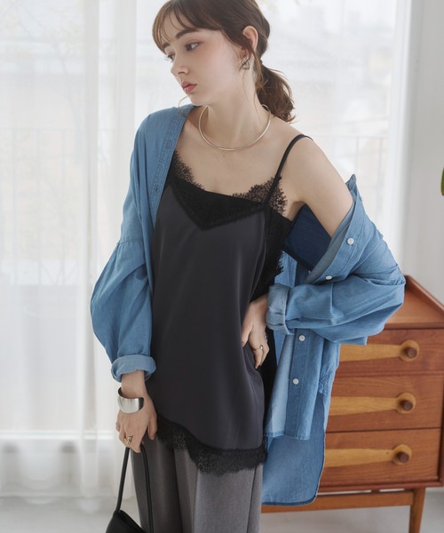 10/27値下げレースフレアサテンキャミソール AZUL BY MOUSSY | レースフレアサテンキャミ (キャミソール ) |SHEL
