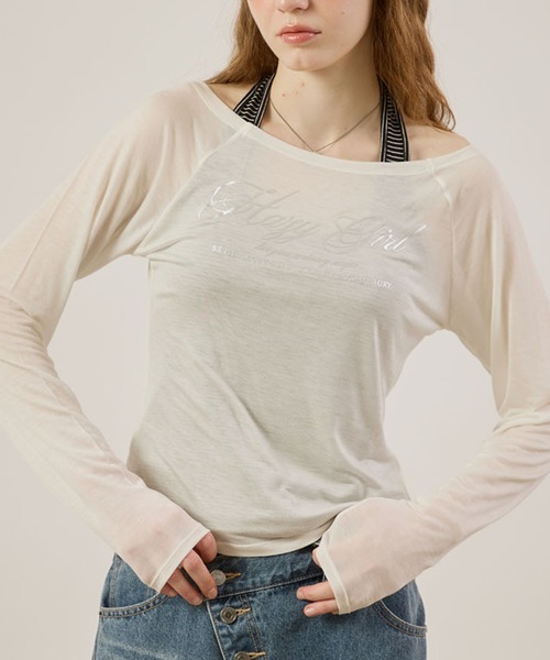 hazyl tシャツ Logo print sheer long sleeve T-shirt/ロゴプリントシ