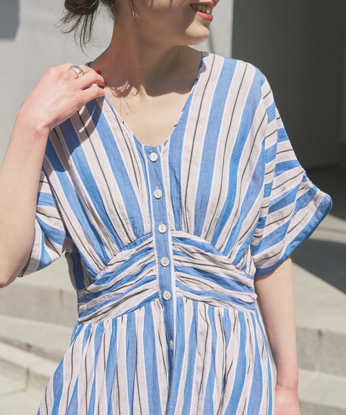 ワンピース 「WEB限定追加」ne Quittez pas Cotton Voile Stripe Waist Gather Dress