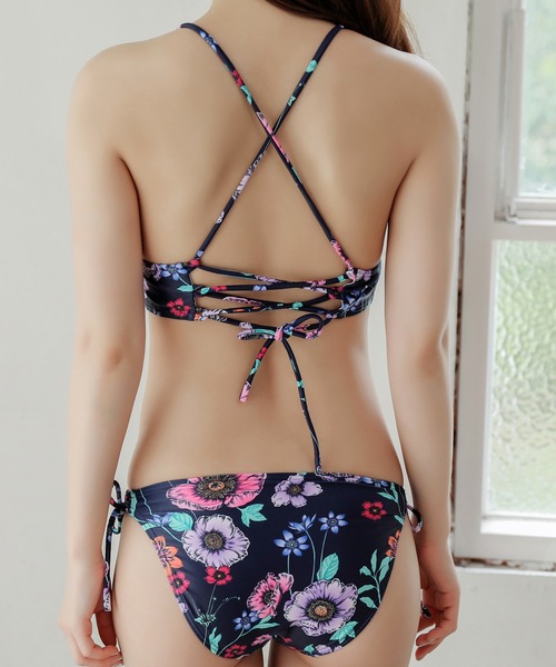 Lace Ladies 水着 カバーアップ付バックレースアップデザイン花