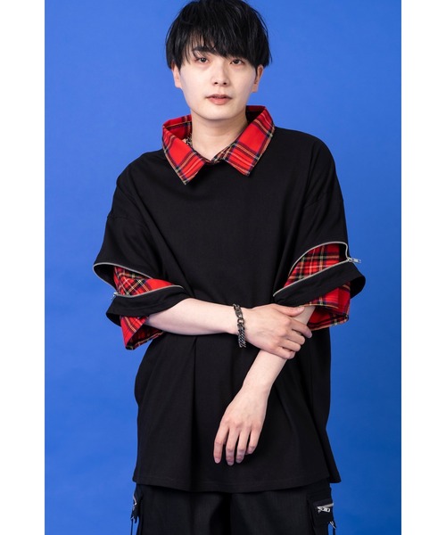 tシャツ フェイクレイヤーシャツオープンジップスリーブTシャツ レディース メンズ ankoROCK tシャツ フェイクレイヤーシャツオープンジップ