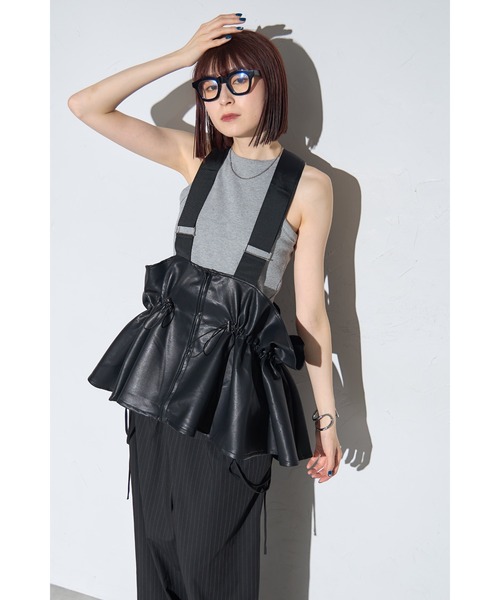 leimn ベスト ジレ ドロストサスペンダートップス(レザー
