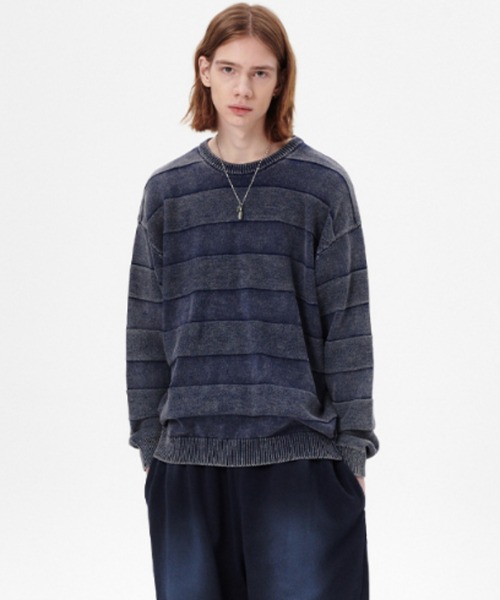 セーター ニット 「mahagrid/マハグリッド」WASHED STRIPE KNIT/ボーダーニット メンズ レディース