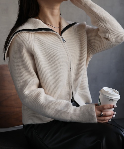 ニット セーター BigカラーZIPリブニット / ZIPニットカーディガン レディース ap retro ニット セーター BigカラーZIPリブニット / ZIPニット