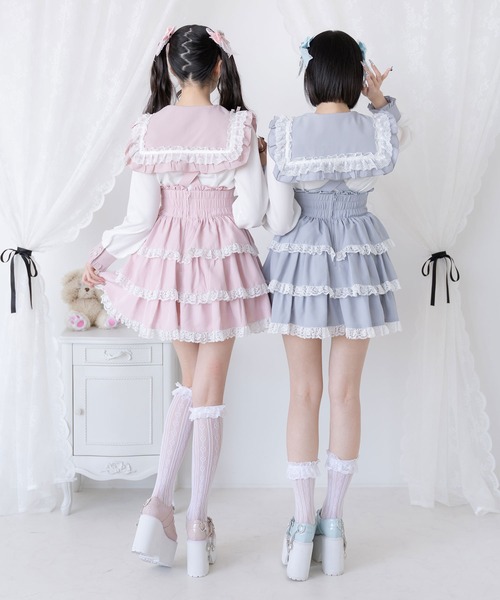 DearMyLove スカート ハートビジューレースアップリボンフレア