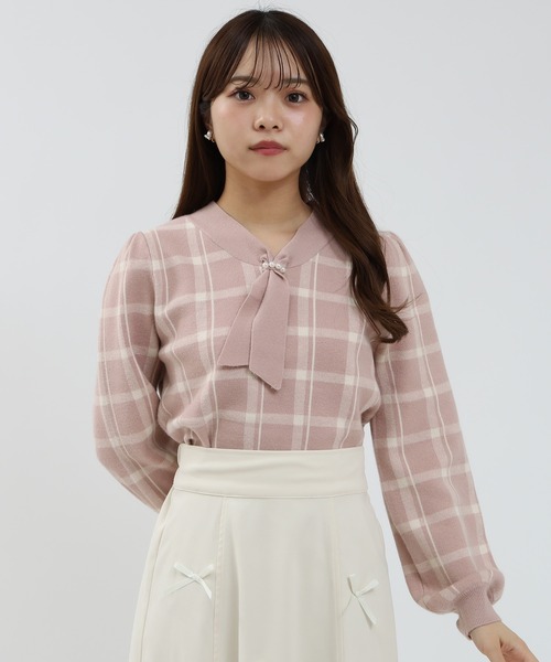 美品　バーバリー　ボウタイニット　リボン　ノバチェック　XL コットンシルク バーバリーロンドン ボウタイニット セーター リボン チェック 絹