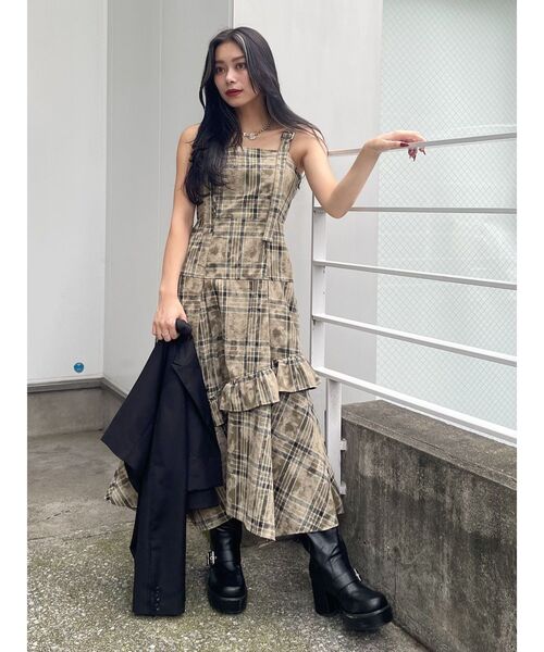 EVRIS ワンピース フリルティアードチェックロングワンピース