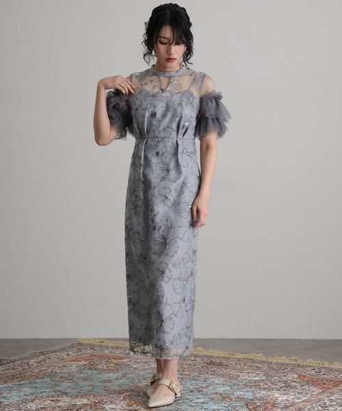 atlo ドレス 結婚式パーティードレスキーネックミモレ丈＆袖あり