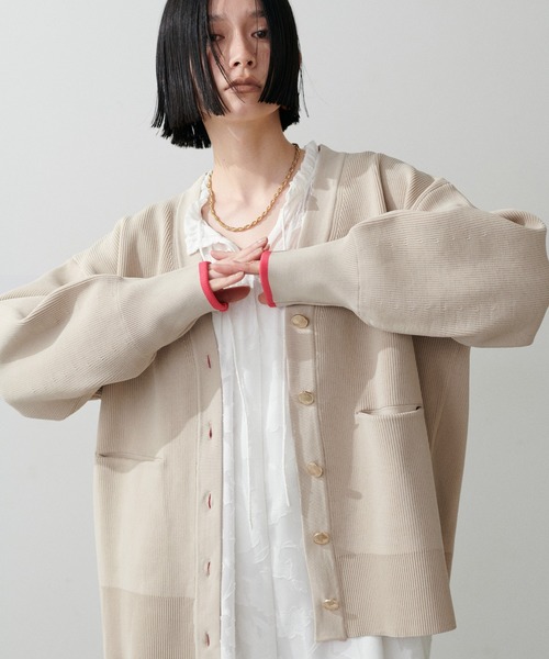 LARUTA カーディガン 「LARUTA」配色畦ポリミドル金ボタンカーデ