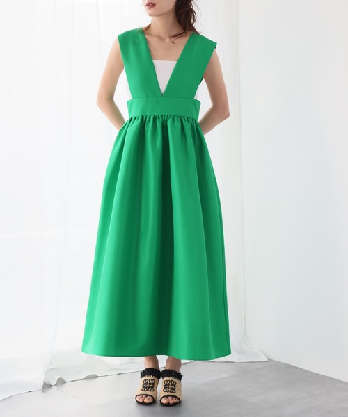 シャーリングジャンパースカート緑 ELFRANK ジャンパースカート ギャザーフレアジャンパースカート