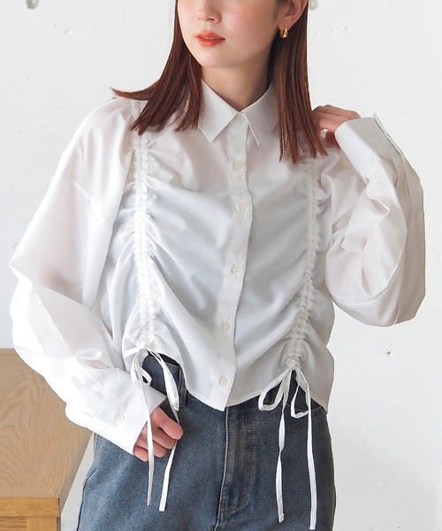 ブラウス シャツ フロントドロストシャツ レディース tiptop ブラウス シャツ フロントドロストショート丈シャツ